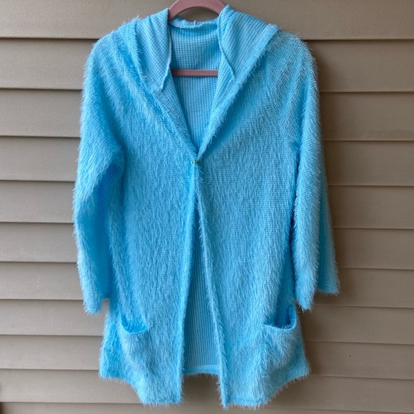 NWOT Sz-XL Girls Soft & Fuzzy w/Pockets House Coat/Day Robe, Bright Blue/Green - Picture 11 of 16